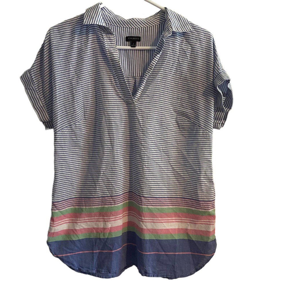 Talbots Split Neck Roll Cuff Blue White Pink Blou… - image 1